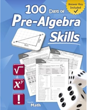 Book cover: Pre-algebra skills (grades 6-8) middle school math workbook (prealgebra exponents, roots, ratios, proportions, negative