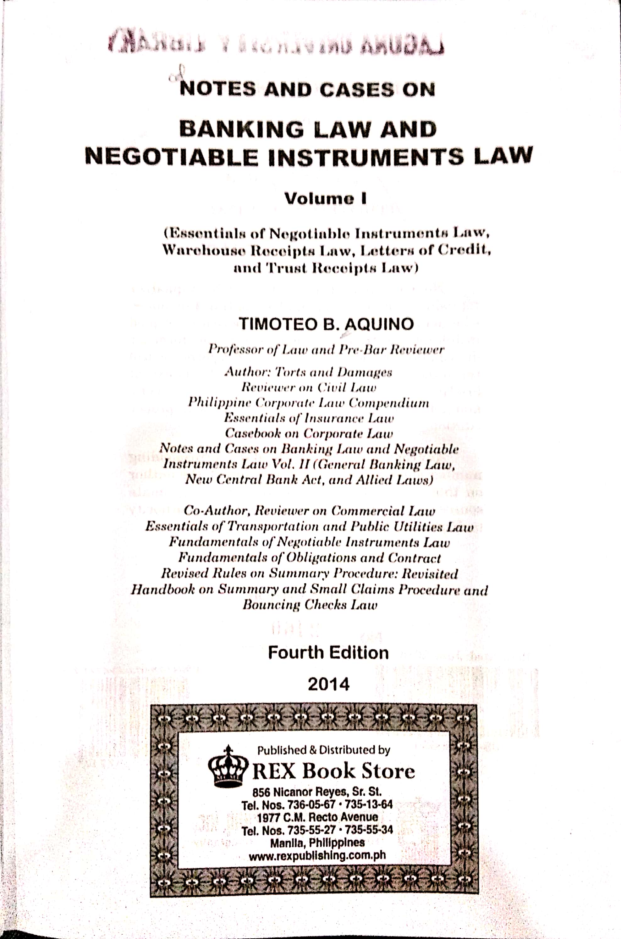 Book cover: Notes and cases on banking law and negotiable instruments law vol. 1.