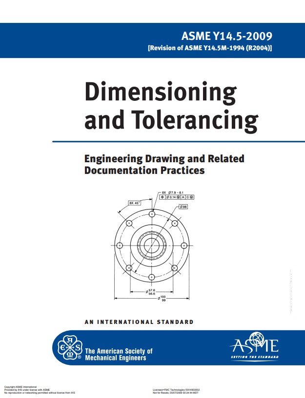 Book cover: Dimensioning and tolerancing : engineering drawing and related documentation practices. ASME Y14.5-2009