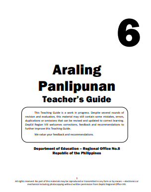 Book cover: Araling panlipunan teacher’s guide.