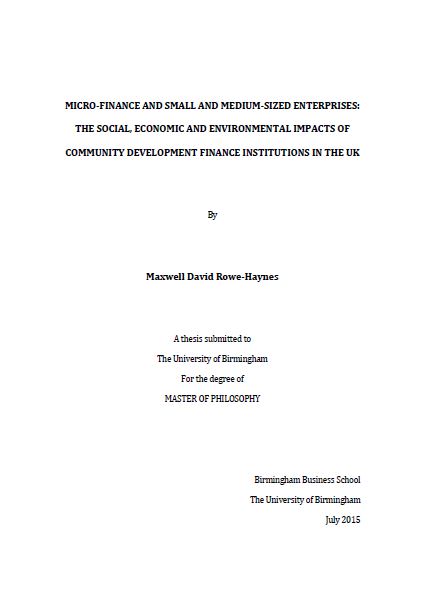 Book cover: Micro-finance and small and medium-sized enterprises: the social, economic and environmental impacts of community development finance institutions in the uk