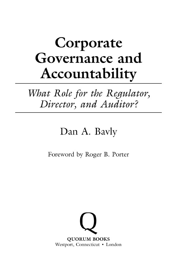 Book cover: Corporate governance and accountability : what role for the regulator, director, and auditor?