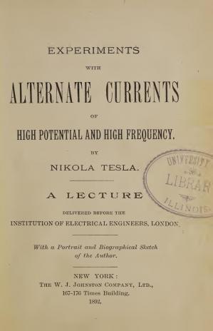 Book cover: Experiments with alternate currents of high potential and high frequency