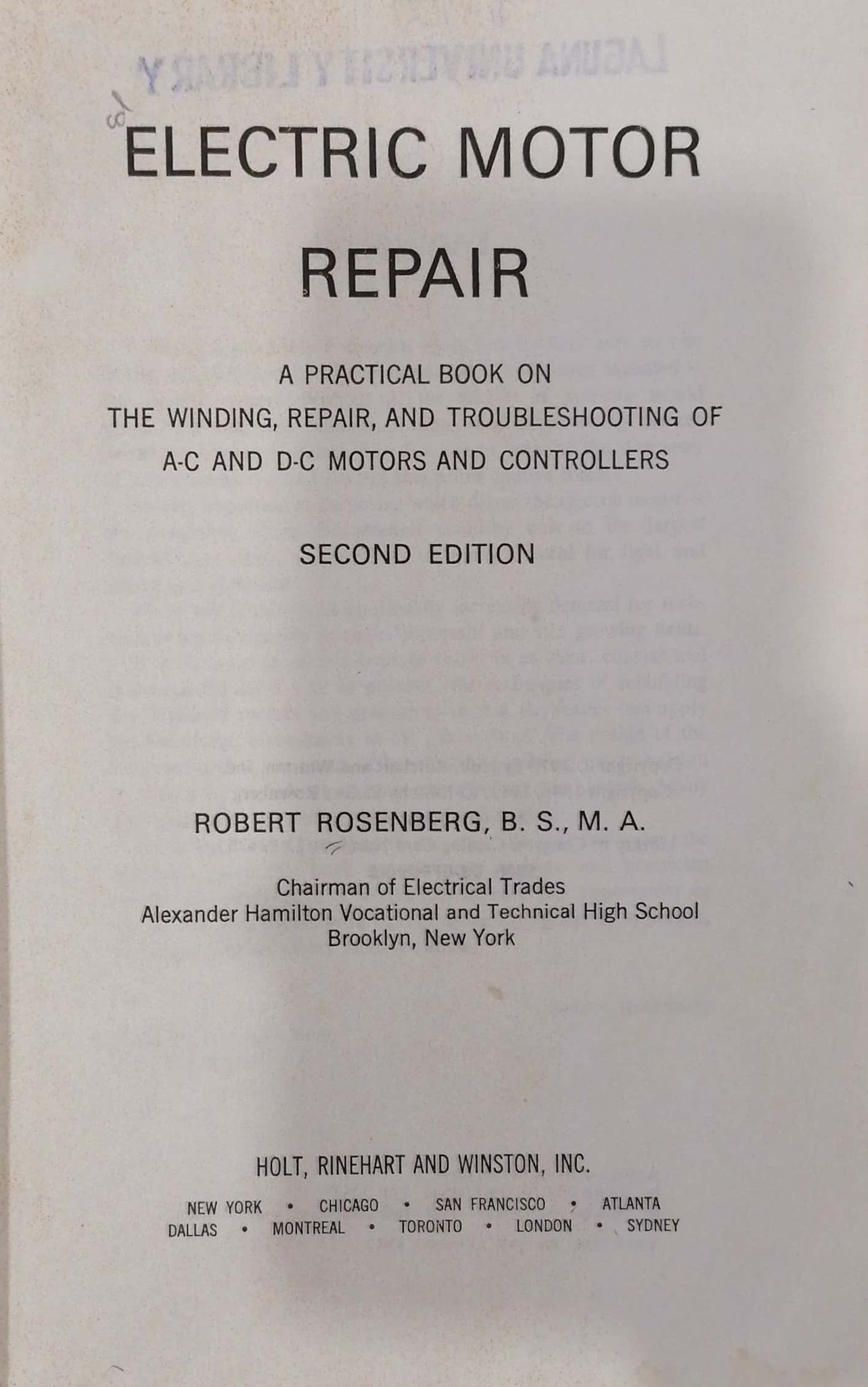 Book cover: Electric motor repair : a practical book on the winding, repair and troubleshooting of A-C and D-C motors and controllers